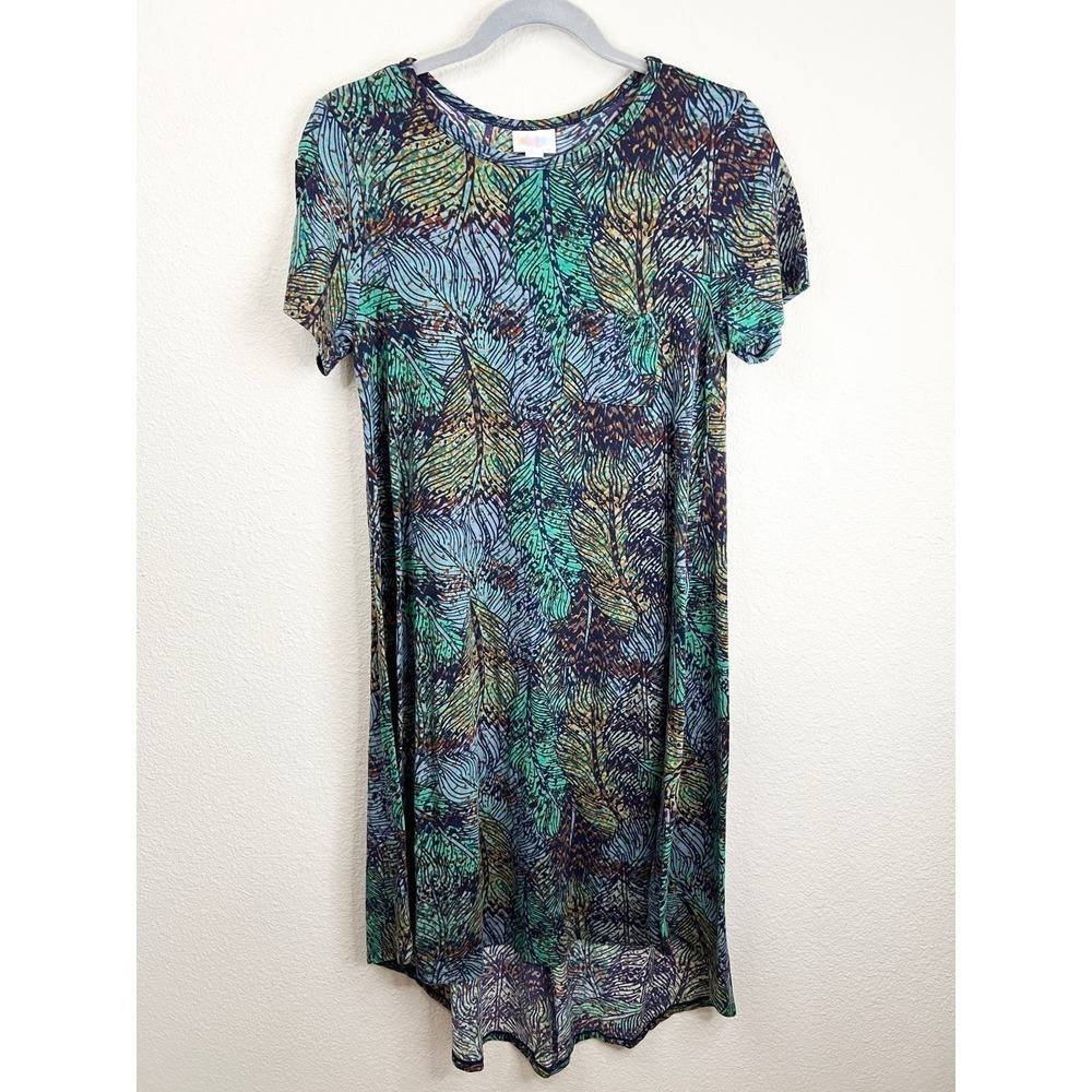 Lularoe Carly Dress Women's XS Hi-Lo Short Sleeve Feather Print Casual Comfort